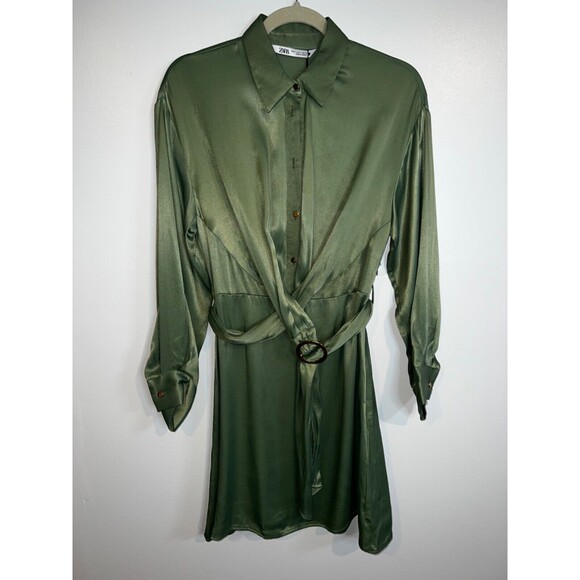 Zara Women's Dress Satin Short Long-Sleeve Collared Green Size S (NEW) - Picture 6 of 9